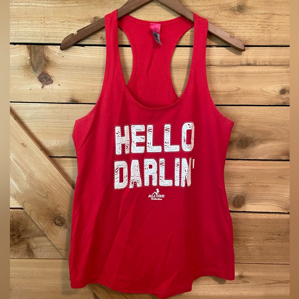 Ali Dee “Hello Darlin” Red Graphic Racerback Tank Top with Bandana Print